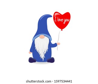 One dwarf holds a heart balloon in his hand. Cartoon cute gnome in blue clothes on a white background. Greeting card for Valentine's day. Illustration concept design of a declaration of love.