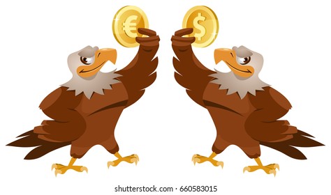 One eagle holding dollar symbol and another eagle holding euro symbol . Cartoon styled vector illustration. Elements is grouped. Isolated on white.