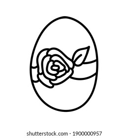 One easter egg with black floral rose ornament on white background. Simple Spring holiday symbols. 