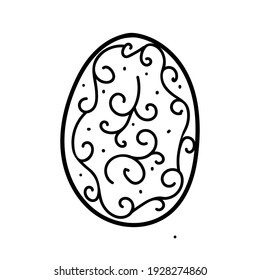 One easter egg with black florish waves ornament on white background. Simple Spring holiday symbols. 