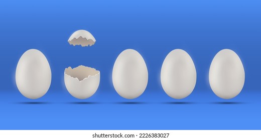 Un huevo con una cáscara rota entre muchos otros huevos. Concepto diferente y único. Ilustración del vector