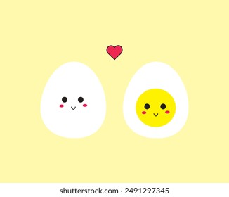 One egg and fried egg with one yolk isolated on a yellow background with a smile expression. Art, cartoons, food, breakfast, protein, vector, icons and emoji. Flat cartoon style. 