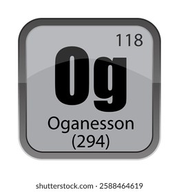 One eighteen 118. Oganesson 294 label. Og atomic panel. Vector gray box.