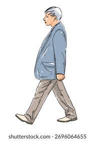 Un hombre mayor en traje caminando al aire libre, vista de perfil, bosquejo realista, dibujo de la mano del contorno, Ilustración vectorial