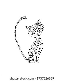 Un gato elegante de fondo blanco con cola larga. Silueta vectorial del gato dibujado con puntos. Objeto punteado para corte láser.