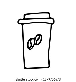 One element is a hand-drawn takeaway coffee cup. Vector illustration of doodles for cafes and restaurants, cute postcards and culinary design.