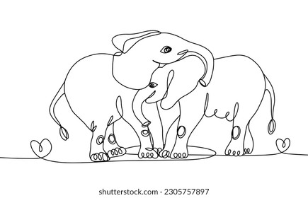 One elephant hugs another with its trunk. Elephant family. International Day of Action for Elephants in Zoos. World Elephant Day. One line drawing for different uses. Vector illustration.