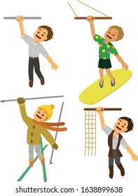 One emotion in four pictures. Office worker in a helicopter. Novice surfer. Beginning skier. A frightened pirate.