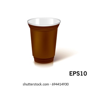 one empty disposable plastic cup for party.  Vector illustration brown color dishes
