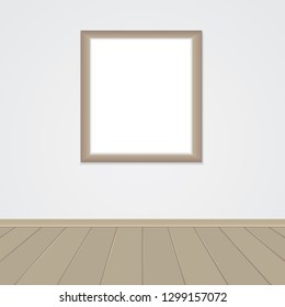 One empty frame on wall background and wooden floor