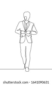 One Endless Line Art Of An Attractive Man In A Full-length Suit Goes Buttoning His Jacket. Vector Illustration Of A Young Male Businessman