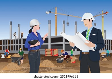 One engineer woman is inspecting the construction work.vector design