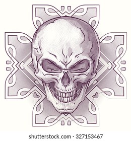 One engraving skulls with modern street style background. Vector skulls illustration