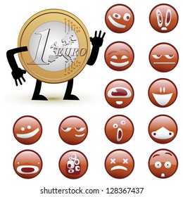 one euro coin with cartoon faces. vector design