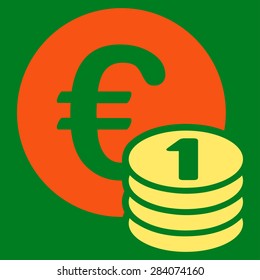 One euro coin stack from BiColor Euro Banking Icon Set. Vector style: flat bicolor, orange and yellow symbol, rounded angles, green background.