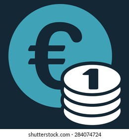 One euro coin stack from BiColor Euro Banking Icon Set. Vector style: flat bicolor, blue and white symbol, rounded angles, dark blue background.