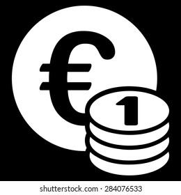 One euro coin stack from BiColor Euro Banking Icon Set. Vector style: flat, white symbol, rounded angles, black background.
