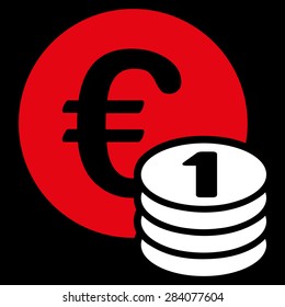 One euro coin stack from BiColor Euro Banking Icon Set. Vector style: flat bicolor, red and white symbol, rounded angles, black background.
