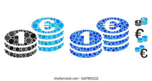 One Euro coins composition of filled circles in various sizes and color tinges, based on one Euro coins icon. Vector random circles are composed into blue illustration.