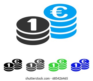 One Euro Coins flat vector pictogram. Colored one euro coins gray, black, blue, green icon versions. Flat icon style for web design.