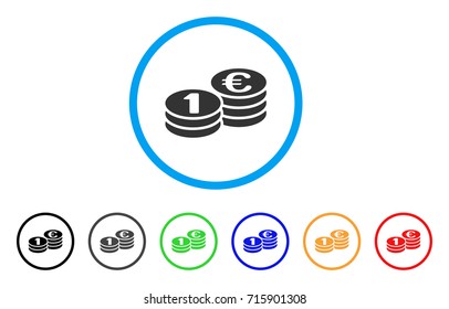 One Euro Coins icon. Vector illustration style is a flat iconic one euro coins grey rounded symbol inside light blue circle with black, gray, green, blue, red, orange color versions.