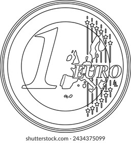 One euro line art vector coin black silhouette handmade design	
