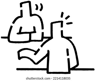 One explaining and one curious. Two stick figures facing each other.