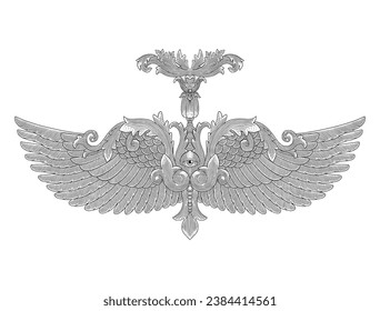 One eye angel with floral ornament, Hand drawing vintage engraving style illustration