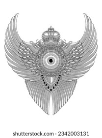  Ein echter Engel mit Flügeln, Kronen- und Blattverzierungen, Vintage-Gravuren-Vektorgrafik