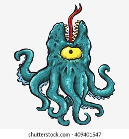 one eye blue octopus monster with long red tongue 