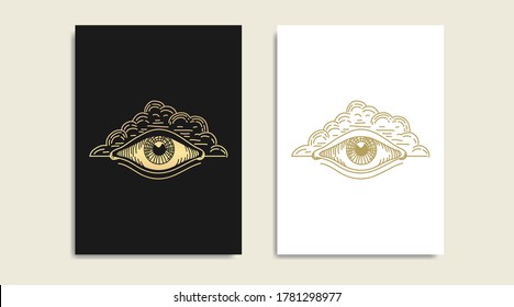 One eye with cloud, the all-seeing eye, symbol of the Masons, cloud and eye gold logo, spiritual guidance tarot reader design. engraving, decorative illustration tattoo