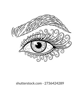 One eye coloring book drawn in detail. Eyebrows, thick eyelashes and clearly defined eye veins