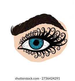 One eye coloring book drawn in detail. Eyebrows, thick eyelashes and clearly defined eye veins