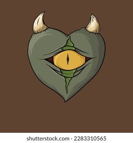 A one eye heart cursed by love becomes a devil with two horns. Illustration of a dark green heart with one yellow eye.