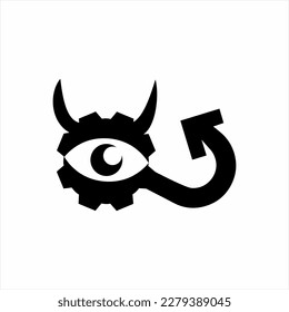 One eye logo design. Illustration of an eye from a gear with horns and a tail.