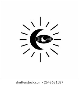 One eye logo design with sun and moon rays.
