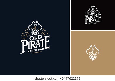 One Eye Old Pirate Face lleva sombrero de tricornio con espadas de sable cruzadas y símbolo de la calavera tipografía etiqueta logo diseño