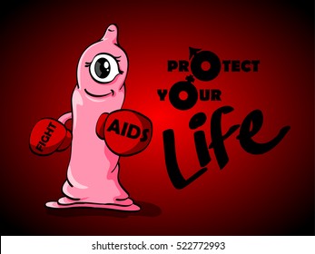 one eye pink boxing condom with word Aids Fight on a boxing glove and text Protect your life.