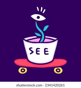 One eye plant riding skateboard, illustration for t-shirt, sticker, or apparel merchandise. With doodle, retro, and cartoon style.
