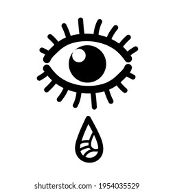Un ojo y un doodle de lágrima, una ilustración vectorial de un solo ojo humano con una lágrima aislada sobre fondo blanco.