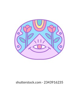 One eye triangle, rose, and rainbow, illustration for t-shirt, sticker, or apparel merchandise. With doodle, retro, groovy, and cartoon style.