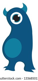 One eyed dark blue monster with light blue belly and horns vector illustration on white background.
