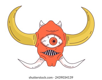 One eyed demon with horns 2D linear cartoon character. Terrifying evil creature. Angry cyclops isolated line vector personage white background. Horror videogame boss color flat spot illustration