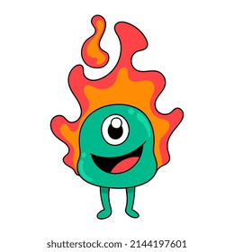 un monstruo de ojos está emitiendo fuego, ilustración vectorial art. doodle imagen kawaii.