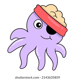 one eyed pirate octopus smiling, vector illustration art. doodle icon image kawaii.