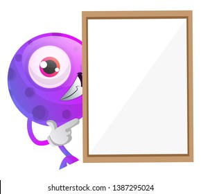 One eyed purple monster hiding behind a paper panel illustration vector on white background