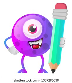 One eyed purple monster holding a huge pen illustration vector on white background