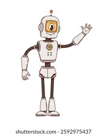One eyed robot and cyborg groovy cute character. Chatbot droid retro cheerful character, AI cyborg bot isolated vector cartoon funny mascot. Alien white robot groovy cute character waving hand
