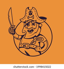 One eyed ship captain. Pirate concept art in monochrome style.