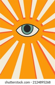 One eyed sun. The circle of the phase of the eye is one. Psychedelic retro style. Vector illustration isolated on white background. Flat design, cartoon.